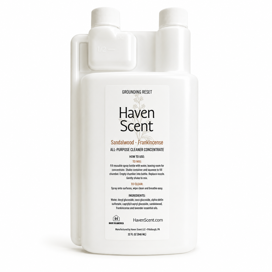 A white plastic bottle of Haven Scent Grounding Reset All Purpose Cleaner Concentrate with a white cap, shown on a clean white background.
