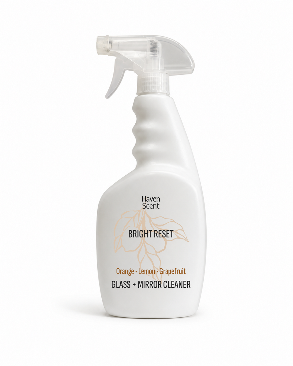 A white spray bottle of Haven Scent Bright Reset glass and mirror cleaner, featuring a clear trigger spray top and a label with orange and black text on a white background.