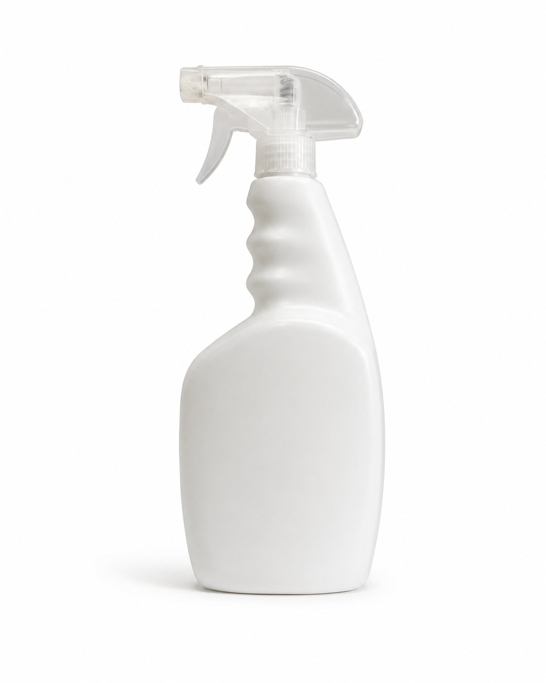 A blank white plastic spray bottle with a clear trigger spray head, isolated on a white background.