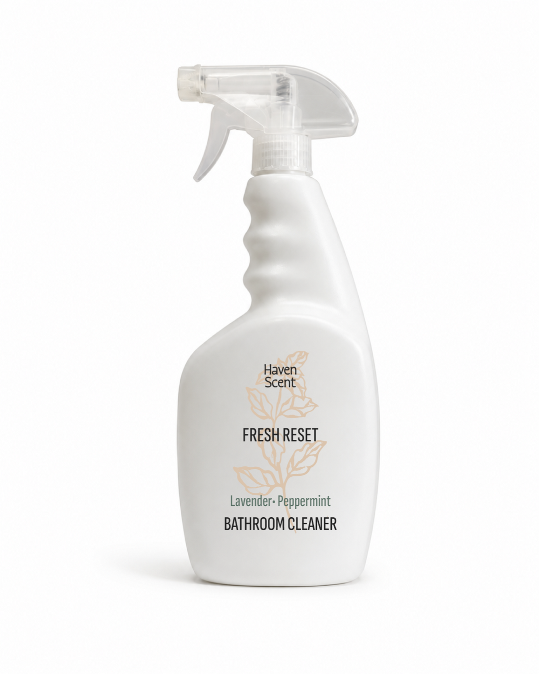 A white trigger spray bottle of Haven Scent Fresh Reset Lavender &amp; Peppermint Bathroom Cleaner, shown on a clean white background.