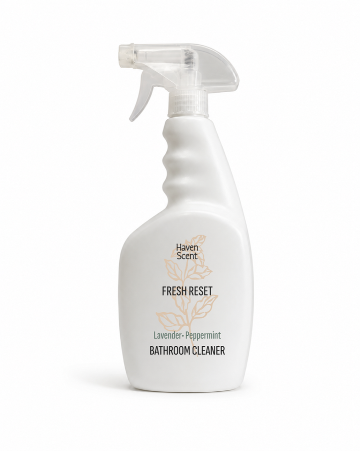 A white trigger spray bottle of Haven Scent Fresh Reset Lavender &amp; Peppermint Bathroom Cleaner, shown on a clean white background.