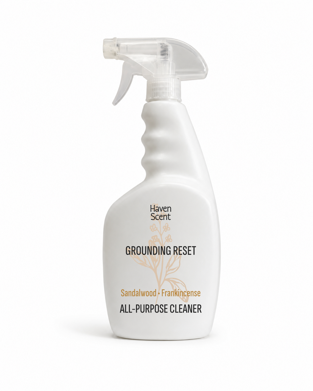 A white trigger spray bottle of Haven Scent Grounding Reset All-Purpose Cleaner on a clean white background.